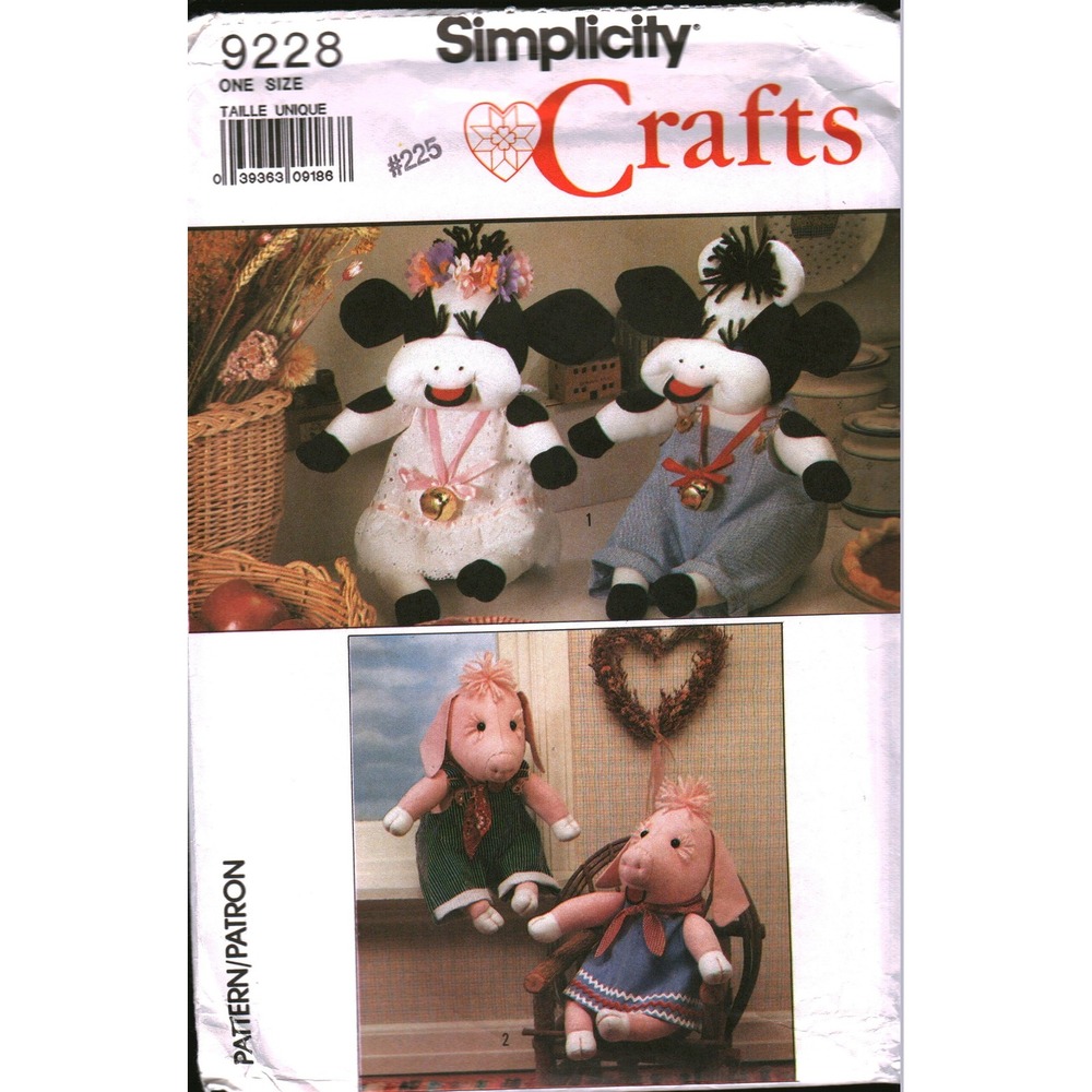 Simplicity 9228 Stuffed Cow and Pig Sewing Pattern Vintage Crafts Plush Toys